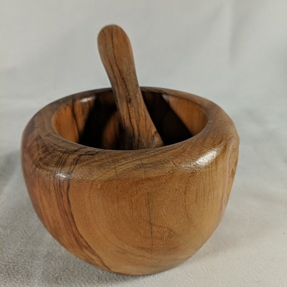 Vintage Olive Wood Herb Spice Grinder Mortar & Pestle Farmhouse Rustic Handmade - Picture 3 of 16